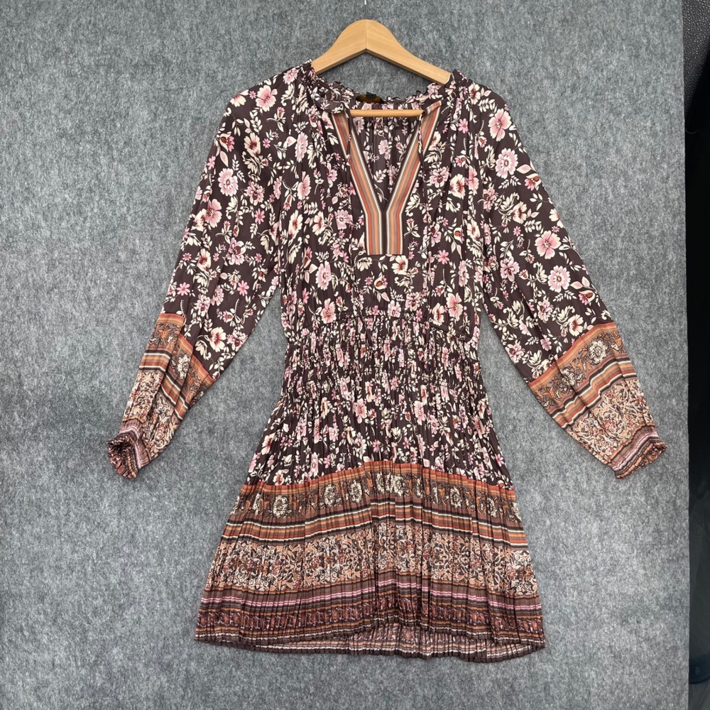 Anthropologie Dress Womens XS Floral Smocked Waist Mini Dress Long Sleeve Brown